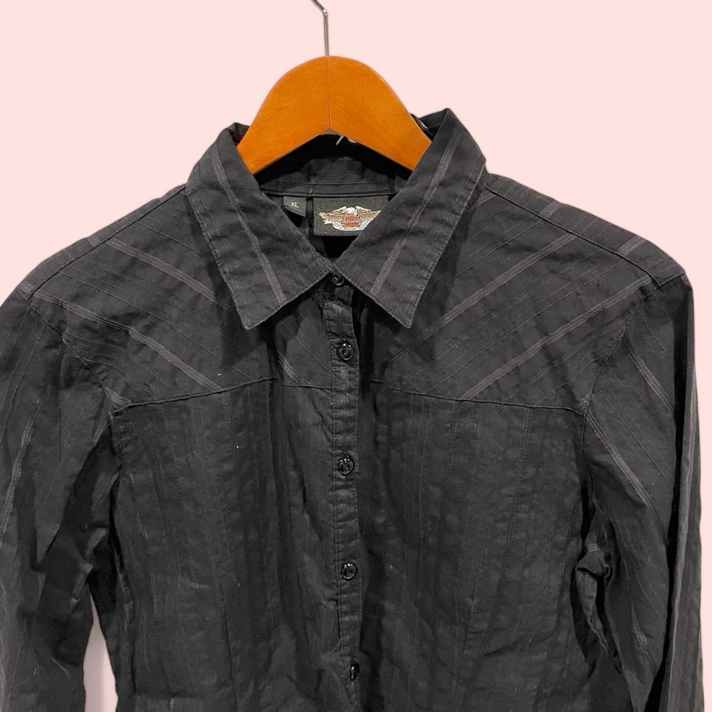 Y2K black striped stretchy french cuff Harley-Davidson blouse french cuff
